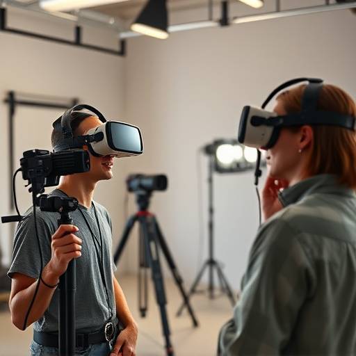 Equipo de producción trabajando con tecnología de realidad virtual en el estudio.